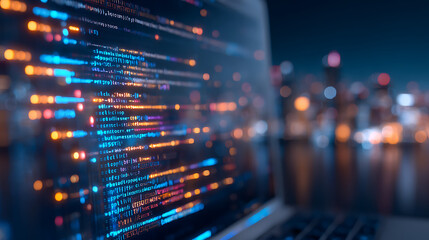 Glossy 3D rendering of glowing blue code brackets on dark background symbolizing digital development and technology innovation concept. 3D Rendering 84970027 2