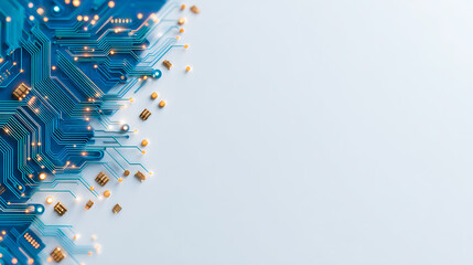 Abstract circuit board pattern on left side with blank white copyspace on right, clean technology layout background for digital design display mockup. 90736195 3