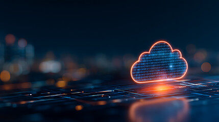 Glowing digital cloud symbol with binary code representing cloud computing and data exchange on a dark background, futuristic tech concept. 20708774 3