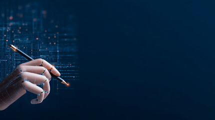 Futuristic AI concept with robotic hand drawing AI text in glowing digital network on dark blue background. 3D Rendering 34725459 3