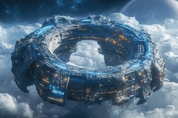 Wall Mural - futuristic space station in deep space. sci-fi wallpaper. planet background.
