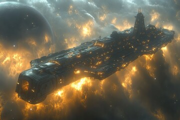 Wall Mural - futuristic space station in deep space. sci-fi wallpaper. planet background.