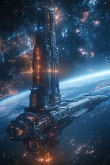 Wall Mural - futuristic space station in deep space. sci-fi wallpaper. planet background.