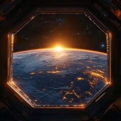 Wall Mural - view from the window to the planet earth from the space station. large window. 3d rendering