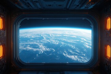 Wall Mural - view from the window to the planet earth from the space station. large window. 3d rendering