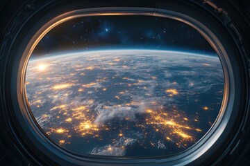 Wall Mural - view from the window to the planet earth from the space station. large window. 3d rendering