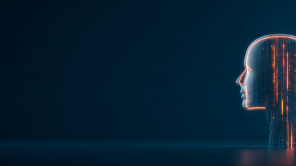 Glowing robot head symbol with neon orange lights on dark background. 3D Rendering 22350202 1