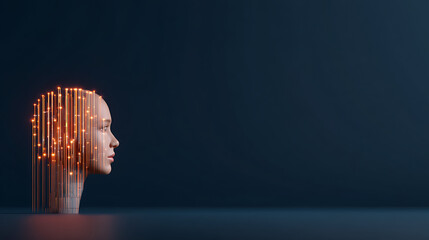 Glowing robot head symbol with neon orange lights on dark background. 3D Rendering 62297027 4