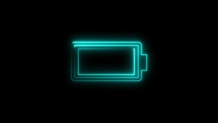 Glowing neon battery icon animation showing charging status on a black background