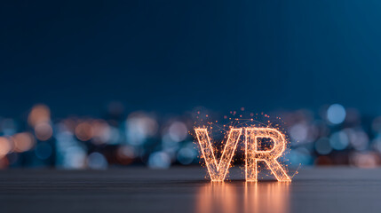 vr concept with glowing pixelated letters and connected network lines on a black digital background.