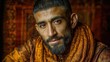 © Yopi - Portrait of a Central Asian Man with Traditional Scarf and Intricate Background Displaying Warm Expression