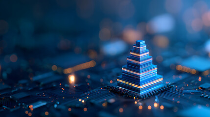 a glowing blue digital structure resembling a futuristic building on a circuitboard-inspired backgro