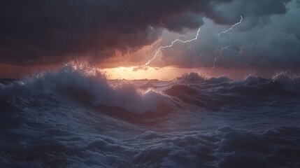 a dramatic seascape of powerful ocean waves crashing under dark stormy skies, cinematic lighting wit
