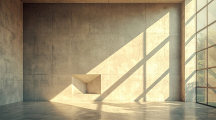 Fototapete - Minimalist interior space featuring concrete wall with geometric shapes and large windows allowing natural light to create dynamic shadows. atmosphere is calm and modern