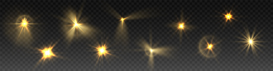 Wall Mural - Brilliant PNG sunburst sparkle with digital flare glowing star transparent background and magical spotlight effect on gold beam light with shine glare starry element isolated in vibrant design

