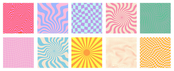 Fototapete - Set Of Cool Groovy Abstract Backgrounds. Collection Of Trendy Cute Geometric Y2k Patterns. Pop Art Textures.