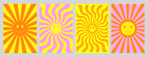 Poster - Cute Groovy Sun Shine Smile Posters. Set Of Y2k Doodle Happy Summer Placards.