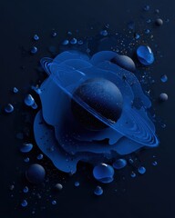 Wall Mural - abstract blue planet with rings and water droplets artistic composition flat lay