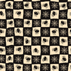 Spooky Seamless Halloween Pattern with Spider Web in Hand Drawn Style. Doodle arachnid web perfect for cards, party invitations, web, fashion, print