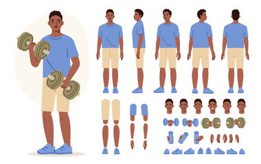 Wall Mural - sporty man wearing fitness clothes holding dumbbells. character constructor for animation. front, si
