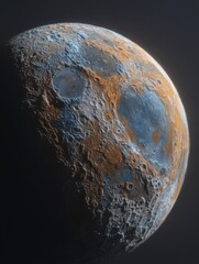 Wall Mural - Moon surface close up showing craters and textures in a detailed and artistic rendering with blue and brown hues