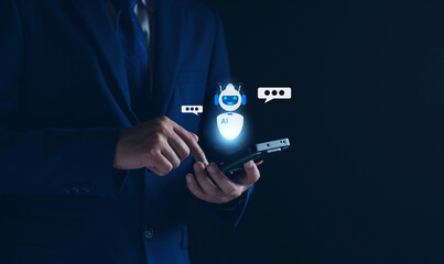 Wall Mural - chatbot concept with ai, artificial intelligence. businessman using technology smart robot, enter co