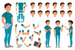 © alexdndz - Doctor character constructor for animation with parts set. Customized people collection with male physician poses, facial expressions heads, arms with tablet, stethoscope, more. Vector illustration.