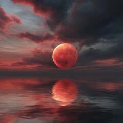 Wall Mural - full blood moon rising over calm ocean water reflecting the sky at dusk in a surreal landscape