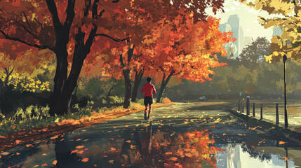 Wall Mural - man is running in a park with trees and a city in the background