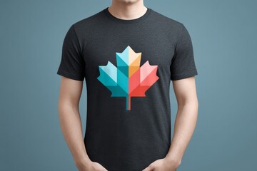 a graphic t-shirt mockup with a stylized maple leaf print in bold colors