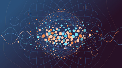 Wall Mural - abstract fractal circles background for global quantum data concept, blue and orange tones connected