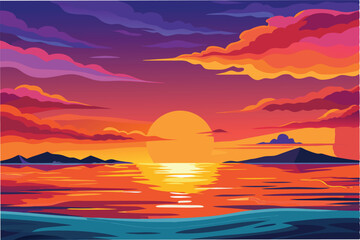 Poster - Beautiful sunset over tranquil waters with colorful clouds and distant mountains reflected in the calm sea