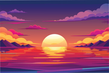 Poster - Beautiful sunset over tranquil waters with colorful clouds and distant mountains reflected in the calm sea