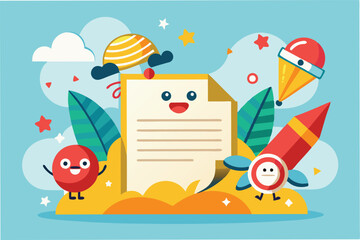 Poster - Colorful vector illustration featuring playful characters around a letter-shaped document in a cheerful setting with various shapes and bright colors