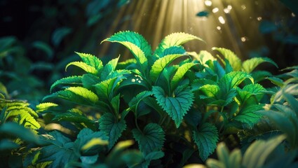 Wall Mural - an exquisite and one-of-a-kind plant with green foliage highlighted by sunlight, set against a dark 