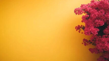 Poster - A close-up of a bush filled with vibrant flowers stands out against a soft pastel yellow background, showcasing nature's beauty in gentle light with ample copy space