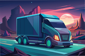 Aufkleber - Futuristic vector illustration of a sleek truck traveling through a vibrant landscape under a glowing sunset