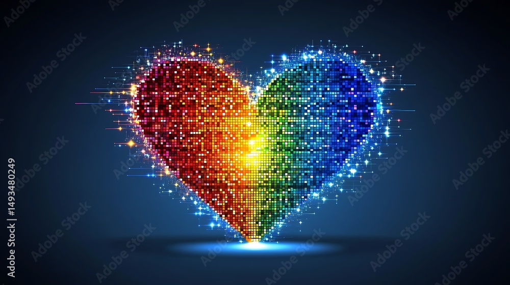 retro pixelated heart in classic LGBTQ rainbow hues, stylized pulse ...