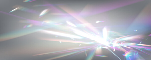 Fototapete - Cool abstract blue holographic background of diagonal stripes in places with blur. PNG Crystal light leak effect for photo overlay. Ethereal Lens rainbow light streak transparent effect. 