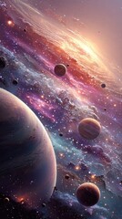 Wall Mural - A cosmic scene featuring multiple planets and a vibrant nebula
