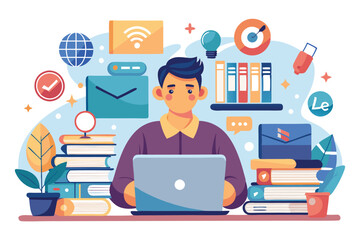 Leinwandbilder - Vector illustration of a smiling man working on a laptop in an organized workspace surrounded by books and plants