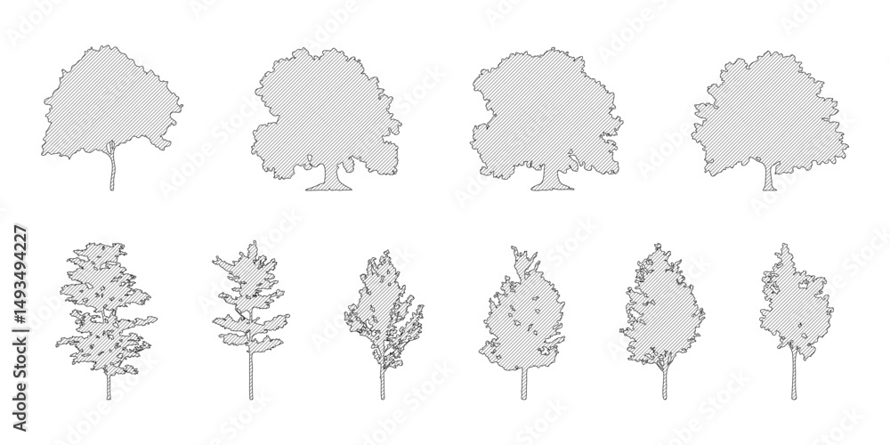 hatch tree line drawing set, Side view, set of graphics trees elements ...