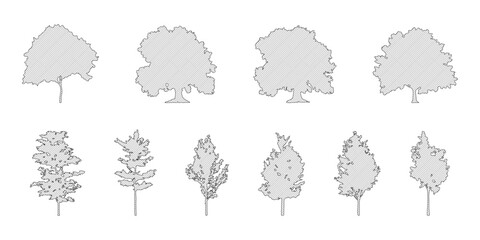 Aufkleber - hatch tree line drawing set, Side view, set of graphics trees elements outline symbol for architecture and landscape design drawing. Vector illustration in stroke fill in white. Tropical