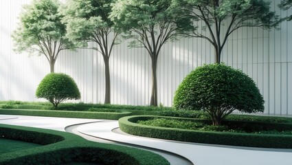 Wall Mural - a white backdrop showcasing a tree fence wall, accompanied by a bush or shrub with cut pathways for 