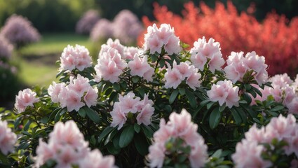 Wall Mural - bush adorned with many fragile white and pink blooms of azalea or rhododendron in a bright spring ga