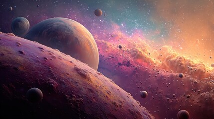 Wall Mural - A vibrant space scene featuring multiple planets and a colorful nebula