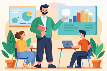Fototapete - Professional business meeting with a man and a girl discussing data analysis and presentation in a bright office environment