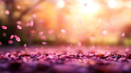 Poster - Soft pink cherry blossoms cascade gracefully in a tranquil garden with sunlight filtering through trees, creating a serene atmosphere of nature's beauty