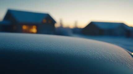 Aufkleber - Delicate frost patterns cover a car windshield, while warm lights from a nearby home emit a cozy glow in the tranquil morning light of winter