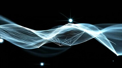 Flowing Data Mesh and luminous particles on a dark background